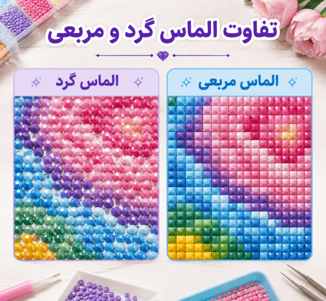 مقایسه الماس مربعی و دایره‌ای در نقاشی الماسی از نظر چیدمان و ظاهر نهایی